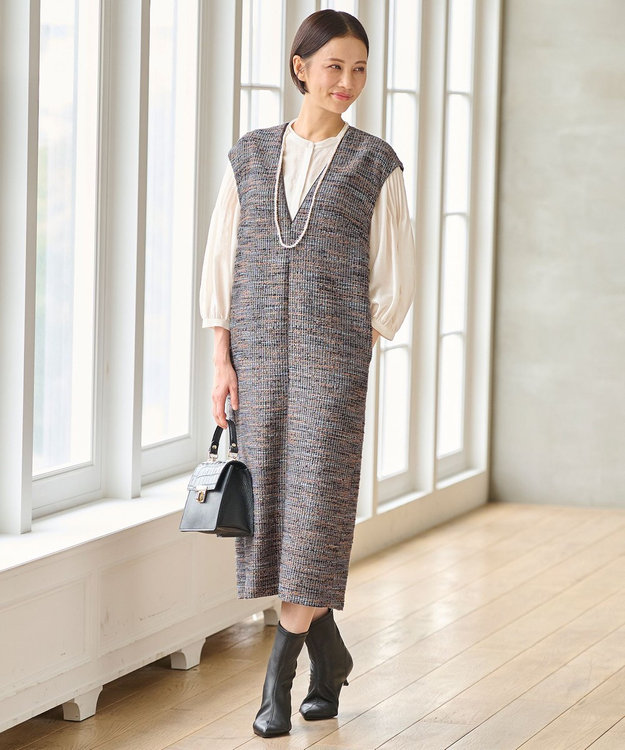 自由区 L 【洗える】エアリーツイード ジャンパースカート グレイッシュミントミックス