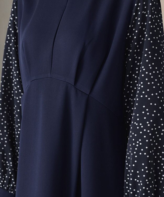 Tiaclasse L ドット柄コンビバックリボンタックワンピース ネイビー