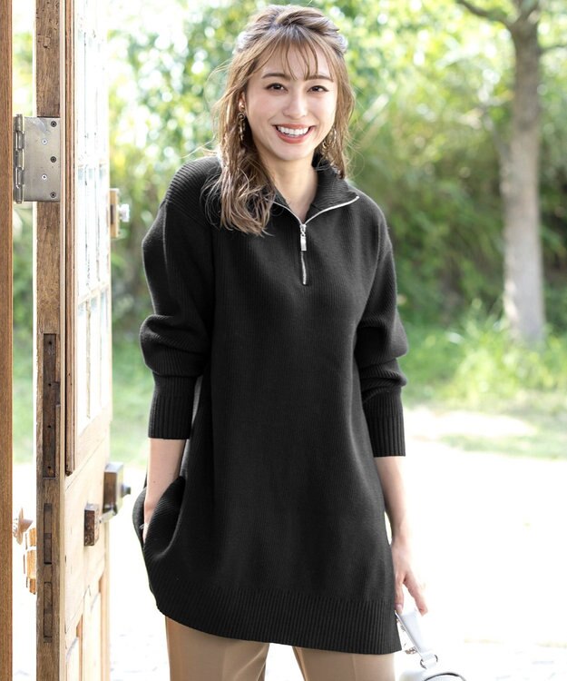 Tiaclasse 【洗える】ハーフジップニットチュニック ブラック