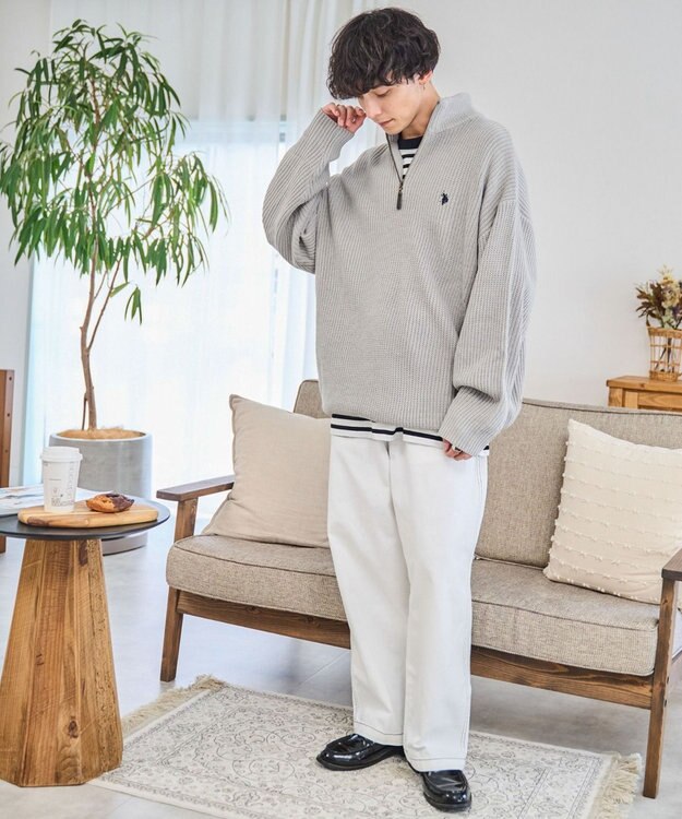 WEGO U.S. POLO ASSN.|別注畔編みハーフジップセーター 杢グレー
