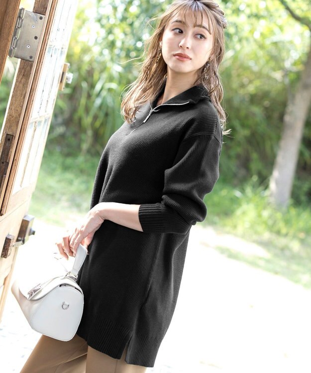 Tiaclasse 【洗える】ハーフジップニットチュニック ブラック