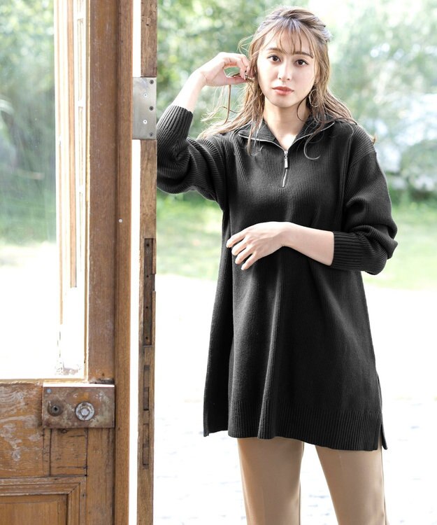 Tiaclasse 【洗える】ハーフジップニットチュニック ブラック