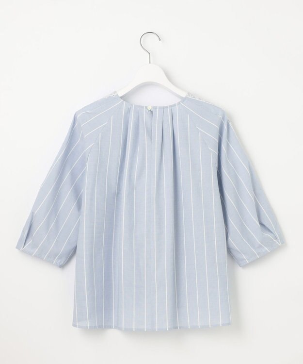 自由区 S 【洗える】エンブロイダリーブロードプルオーバー ブラウス サックス×オフストライプ