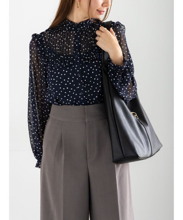 Te chichi パターンアソートシフォンフリルブラウス ネイビー