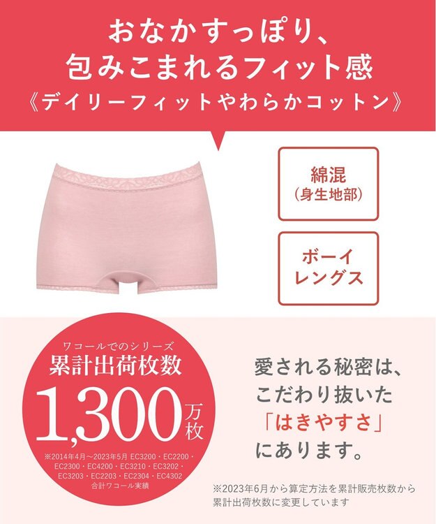 Wing ショーツ ボーイレングス 綿混(身生地部) やさしい肌あたり 【デイリーフィット やわらかコットン】 はきこみ丈ふかめ EC4230 ウイング／ワコール ロマンピンク