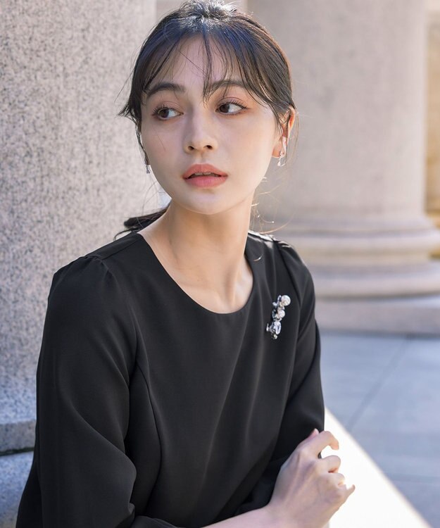 Tiaclasse L 【ダブルストレッチ】【洗える】タックパフ袖ブラウス ブラック