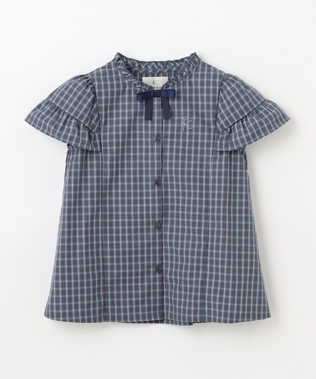 組曲 KIDS 【110-140㎝】チェックラッフル ブラウス ブルーグレー系3