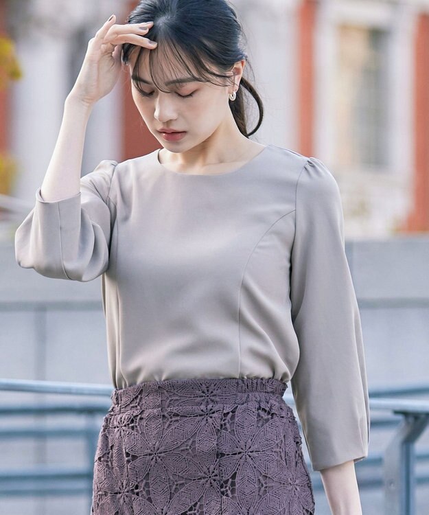 Tiaclasse L 【ダブルストレッチ】【洗える】タックパフ袖ブラウス グレー