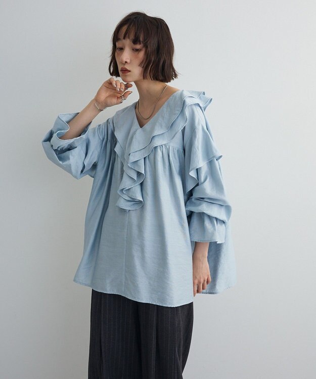 Green Parks ビッグカラーフリルブラウス Sax