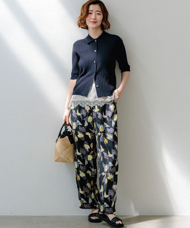 23区 カラーリリープリント ワイド パンツ ブラック系