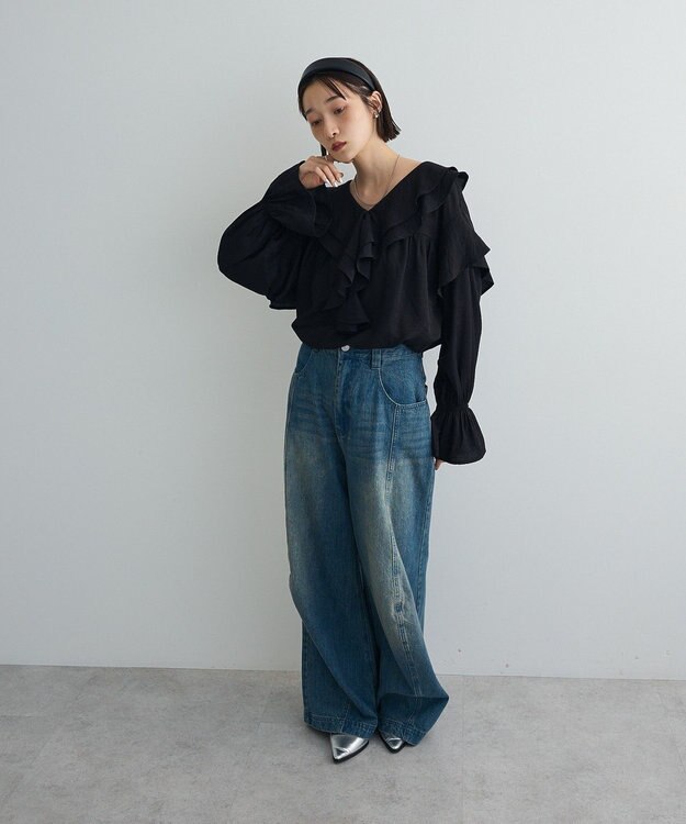 Green Parks ビッグカラーフリルブラウス Black