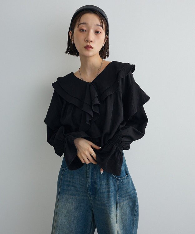 Green Parks ビッグカラーフリルブラウス Black