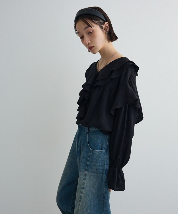 Green Parks ビッグカラーフリルブラウス Black