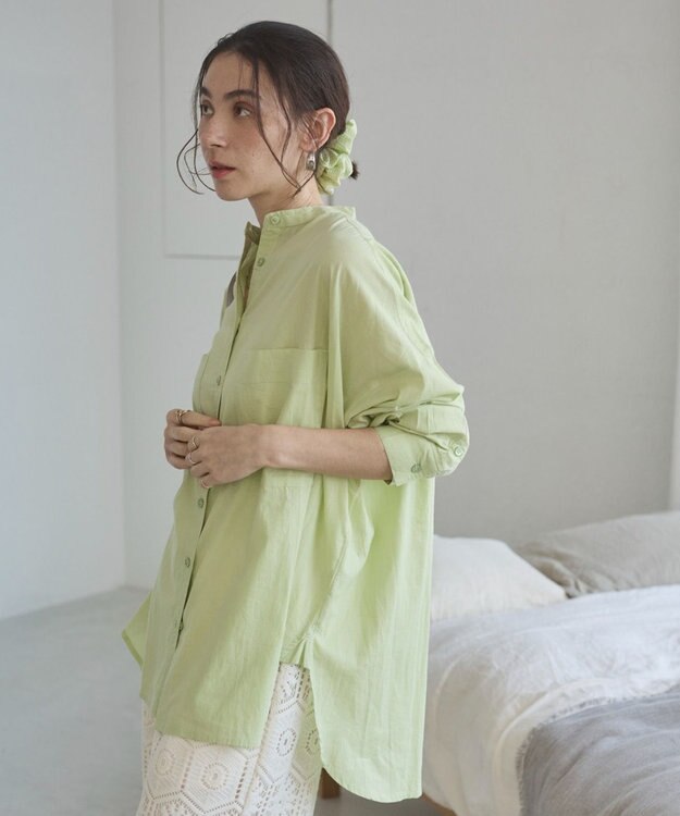 WEGO 着丈が選べる オーバーサイズ バンドカラー シャツ / ストライプ / 無地 ライム