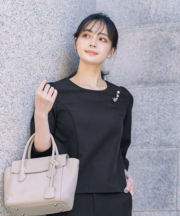 Tiaclasse L 【ダブルストレッチ】【洗える】タックパフ袖ブラウス ブラック