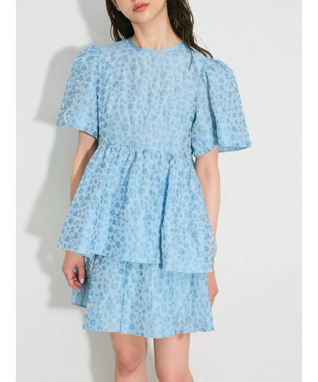 Green Parks パフスリーブジャガードペプラムブラウス Sax