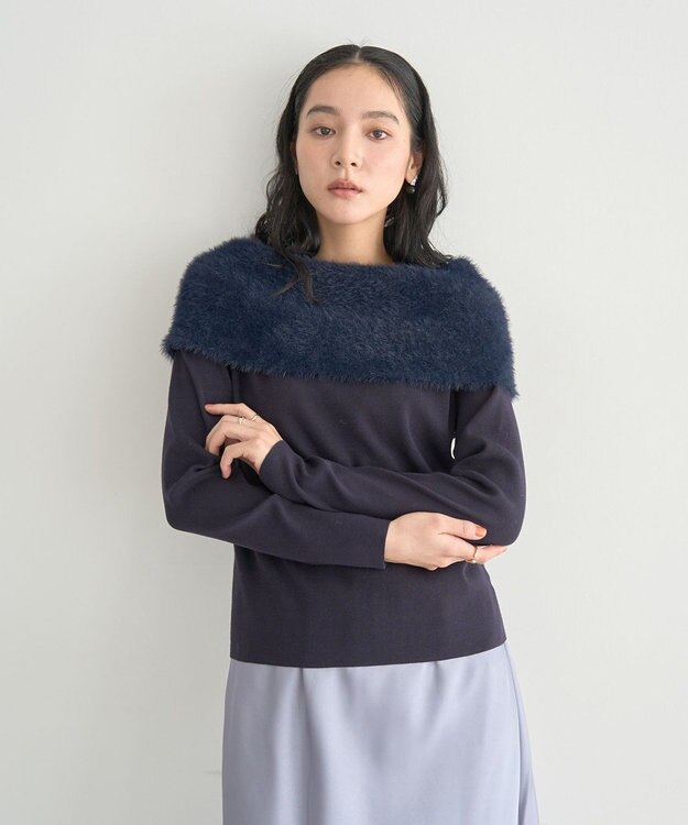 YECCA VECCA ファーMIXオフショルニット Navy