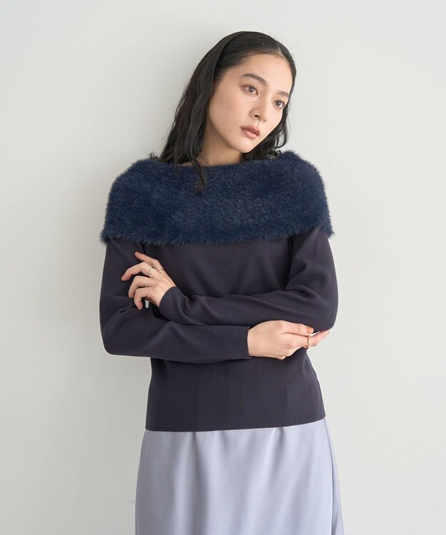 YECCA VECCA ファーMIXオフショルニット Navy