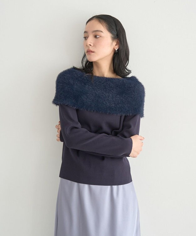YECCA VECCA ファーMIXオフショルニット Navy