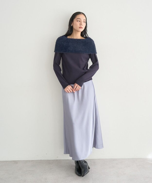 YECCA VECCA ファーMIXオフショルニット Navy