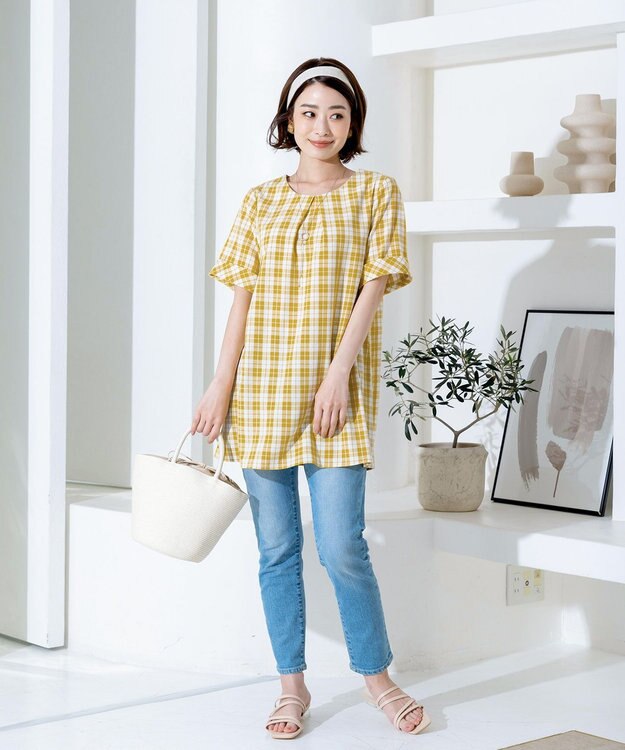 Tiaclasse L 【洗える】体型カバーも叶う幅広カフスチュニックブラウス イエローチェック