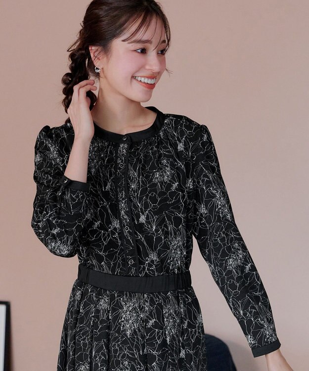 Tiaclasse L 【安田美沙子さん着用・新色/XSサイズ追加・洗える】フラワープリント配色ワンピース ブラック