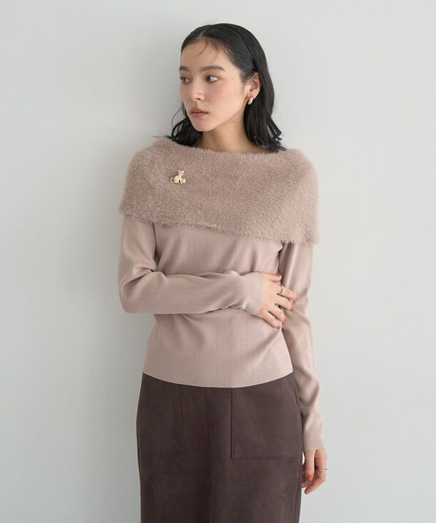 YECCA VECCA ファーMIXオフショルニット Beige