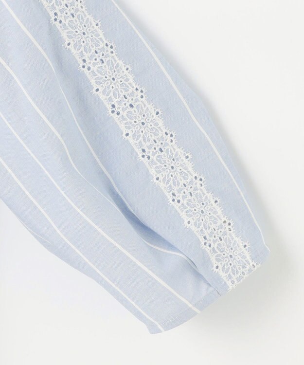 自由区 L 【洗える】エンブロイダリーブロードプルオーバー ブラウス サックス×オフストライプ