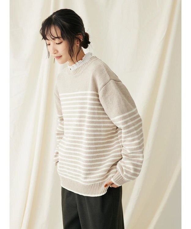 CRAFT STANDARD BOUTIQUE 洗えるモールニットボーダープルオーバー Gray Beige