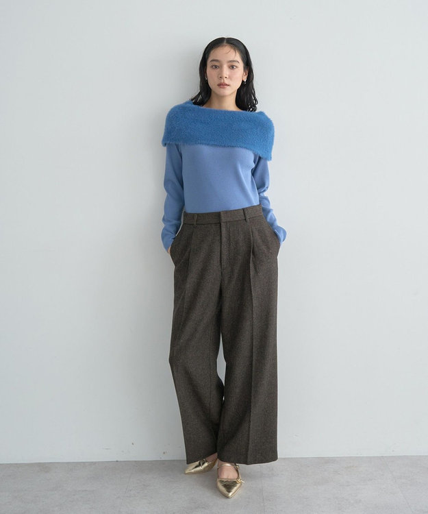 YECCA VECCA ファーMIXオフショルニット Blue