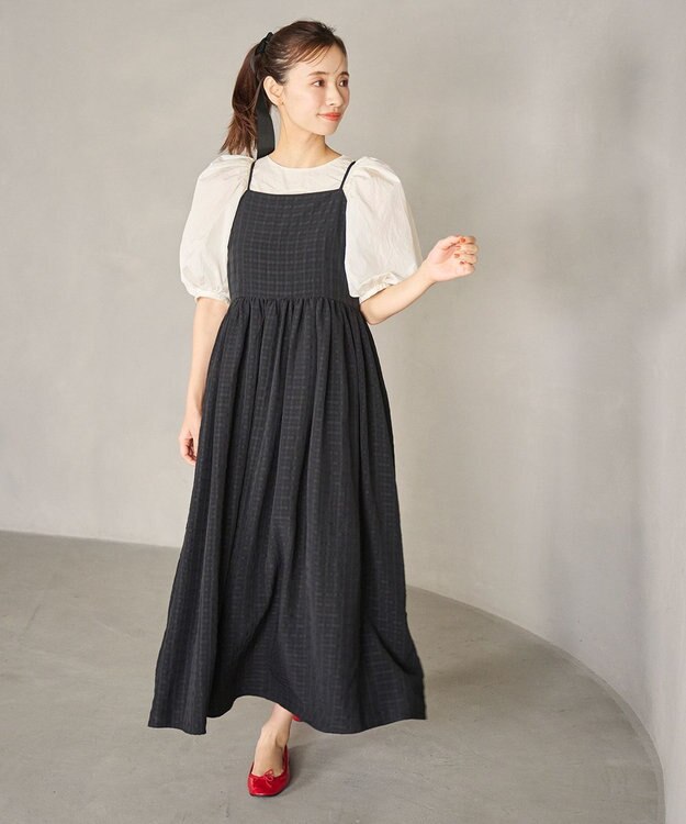 #Newans ボリュームチェックキャミワンピ ブラックチェック