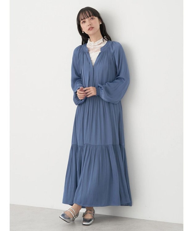 earth music&ecology サテンティアードワンピース Blue