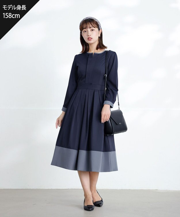 Tiaclasse 【セレモニー・XSサイズ(5号)追加・新色追加・洗える】キーネックフレアワンピース ネイビー×グレー