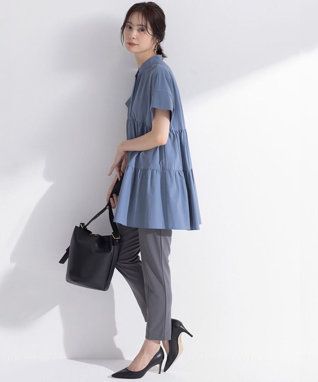 組曲 S スーパーライトストレッチティアード ブラウス スモーキーブルー系