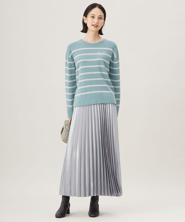 自由区 S 【洗える】コットンウールハイゲージボーダー ニット ブルーグレー×ベージュ