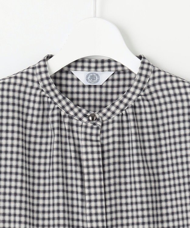 J.PRESS LADIES L 【洗える】ポリエステルヴィスコースブロックチェック バンドカラー ブラウス チャコール×ピンク系