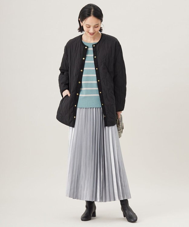 自由区 S 【洗える】コットンウールハイゲージボーダー ニット ブルーグレー×ベージュ