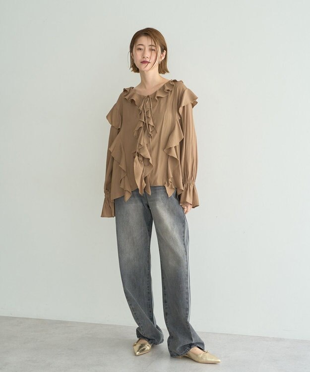 YECCA VECCA ラッフルリボンロングブラウス Camel