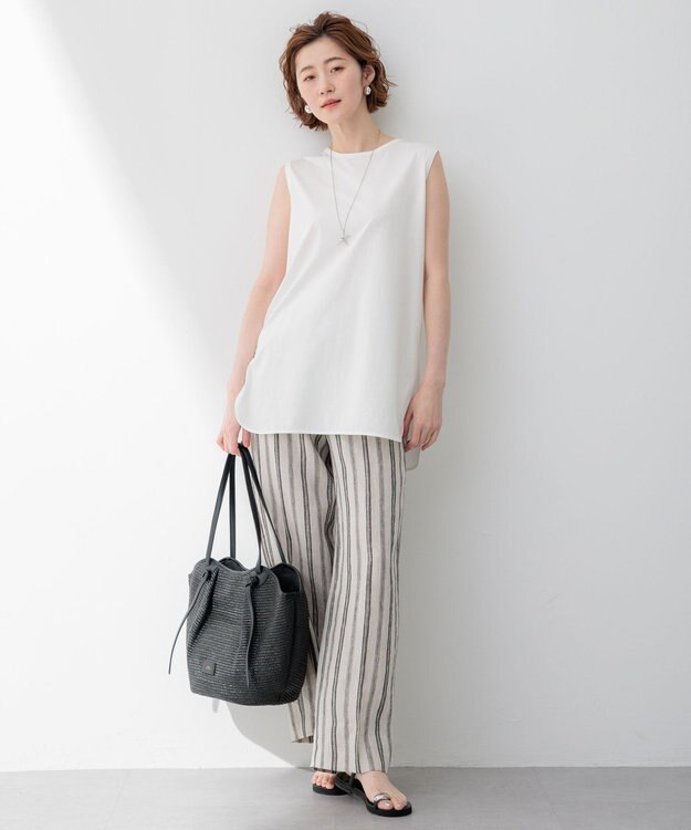 23区 【洗える】リネンストライプ ワイド パンツ ベージュストライプ