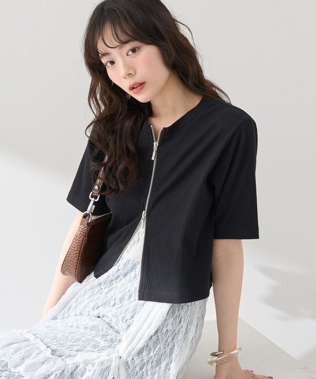earth music&ecology カットリブＷジップカーディガン Black