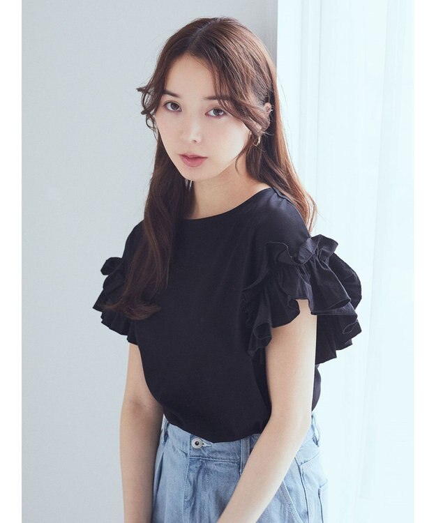 earth music&ecology フリルスリーブカットソー Black