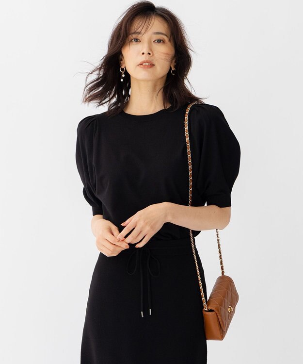 23区 ヴィスコースストレッチ パフスリーブ 半袖 ニット ブラック