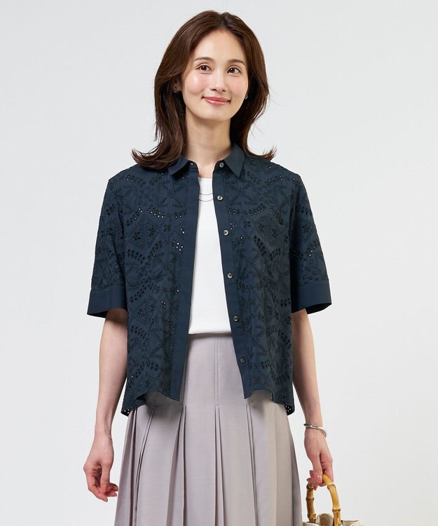J.PRESS LADIES L 【一枚で着映え】エンブロイダリー ボクシーシャツ ネイビー系