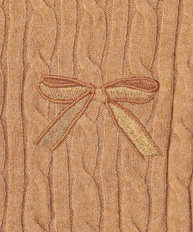 Feroux ケーブル編み×リボン刺繍 ニット カーディガン キャメル系