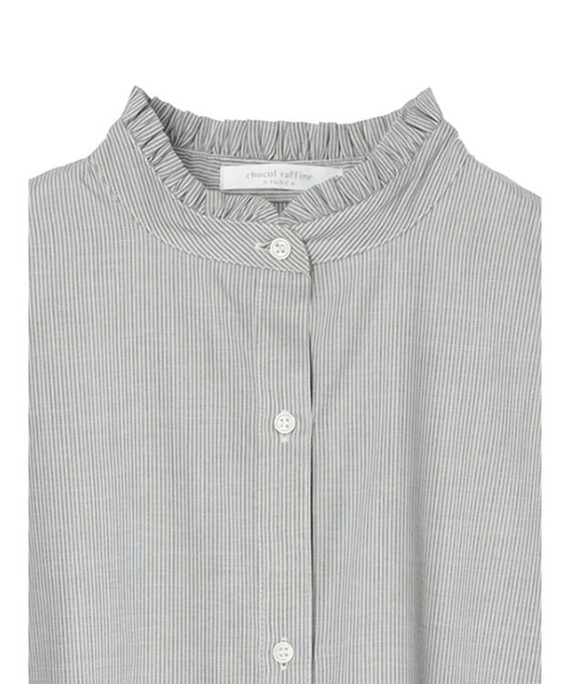 Green Parks イージーケアスタンドフリルシャツチュニック Stripe Black