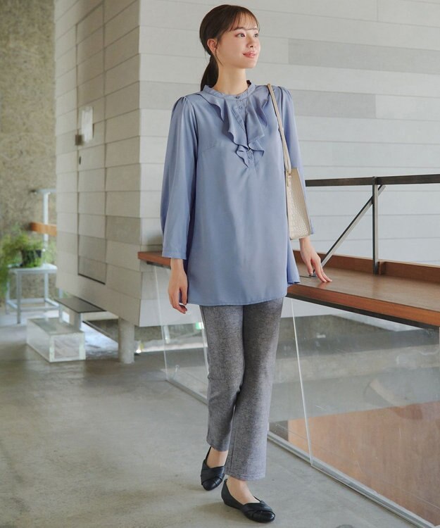 Tiaclasse L 【スマート裏起毛・洗える】フリルチュニック ブルー