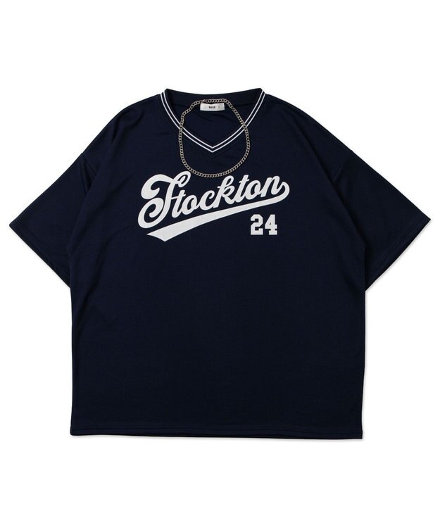 WEGO 【ユニセックス着用ITEM/2点セットネックレス付き/MLサイズ展開】アクセ付きラインリブメッシュプルオーバー ネイビー