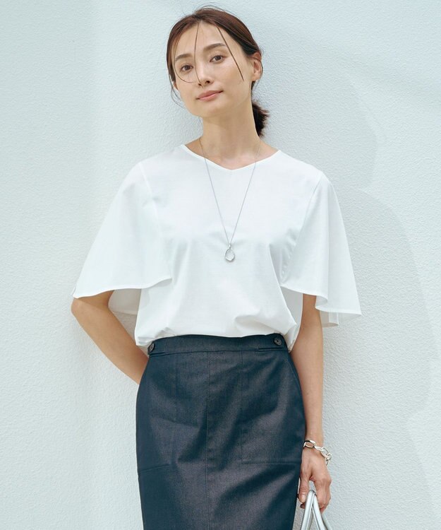 J.PRESS LADIES 【洗える・接触冷感】プレーティングジャージー ケープ風 カットソー ホワイト系