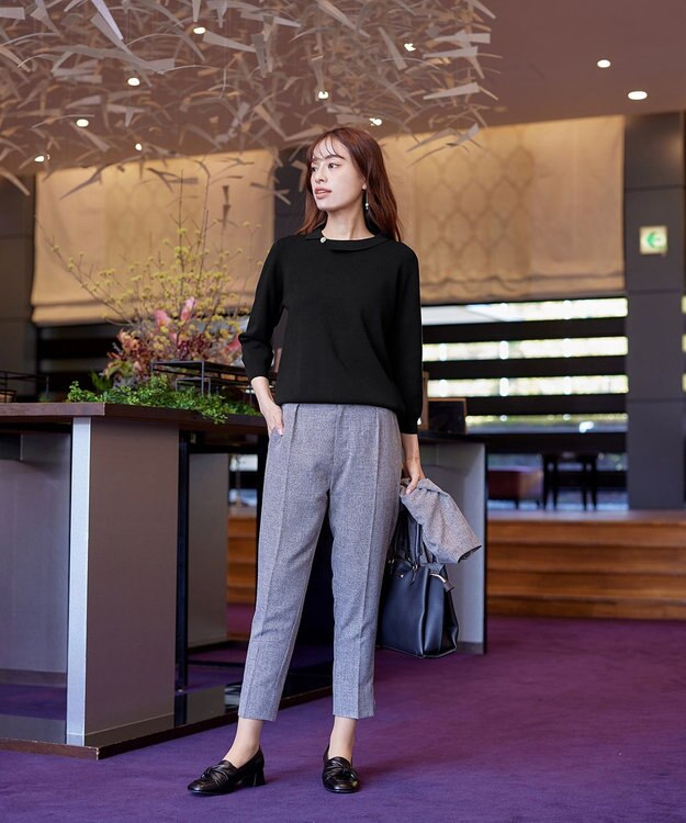 Tiaclasse 【洗える】配色衿ビジュー付きニットトップス ブラック