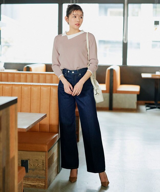 Tiaclasse 【洗える】配色衿ビジュー付きニットトップス ピンク×オフホワイト